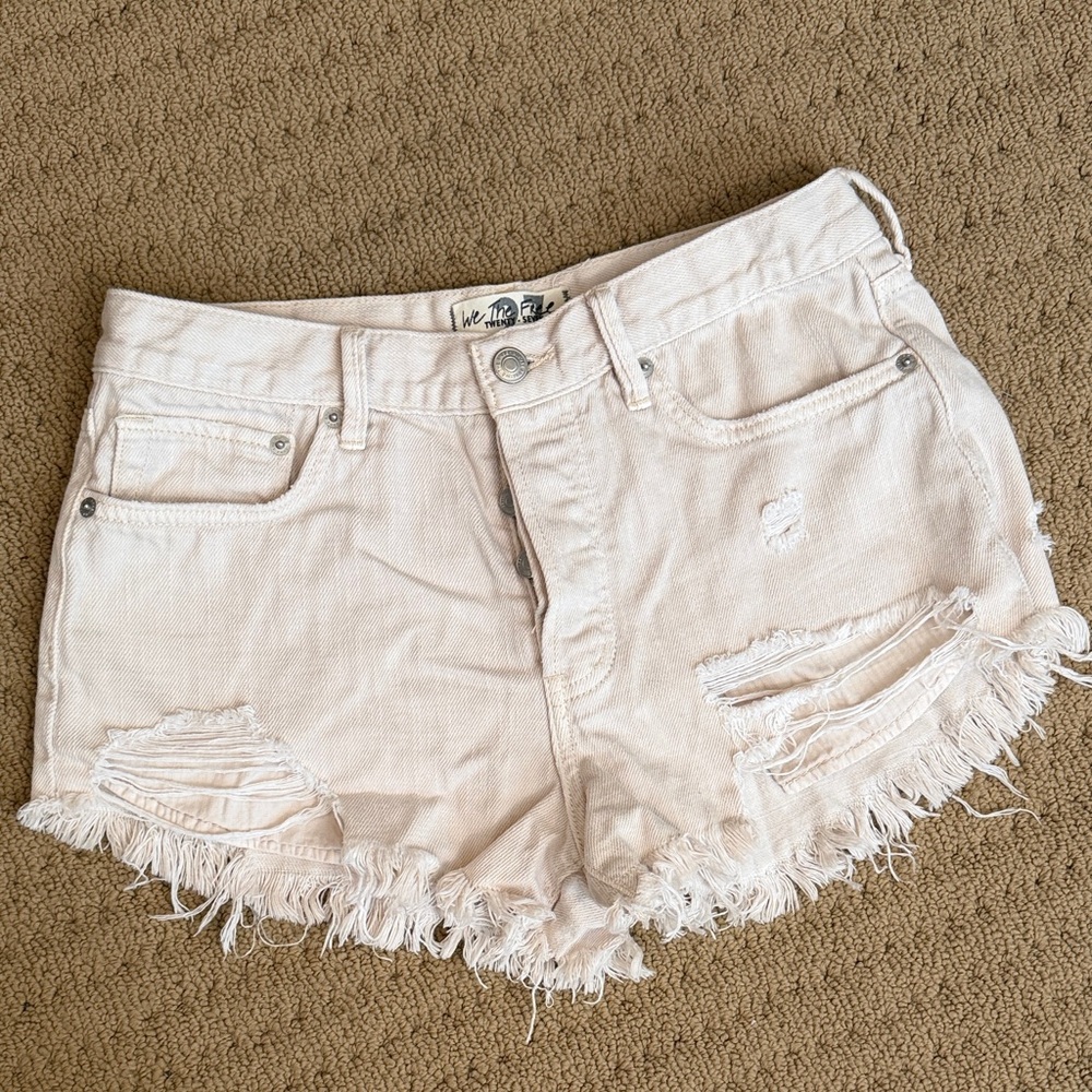 We The Free Cream Distressed Fringe Hem Denim Shorts